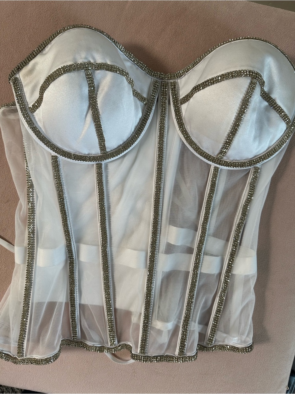 Strapless White Sheer Corset Crop Top with rhinestone Trim